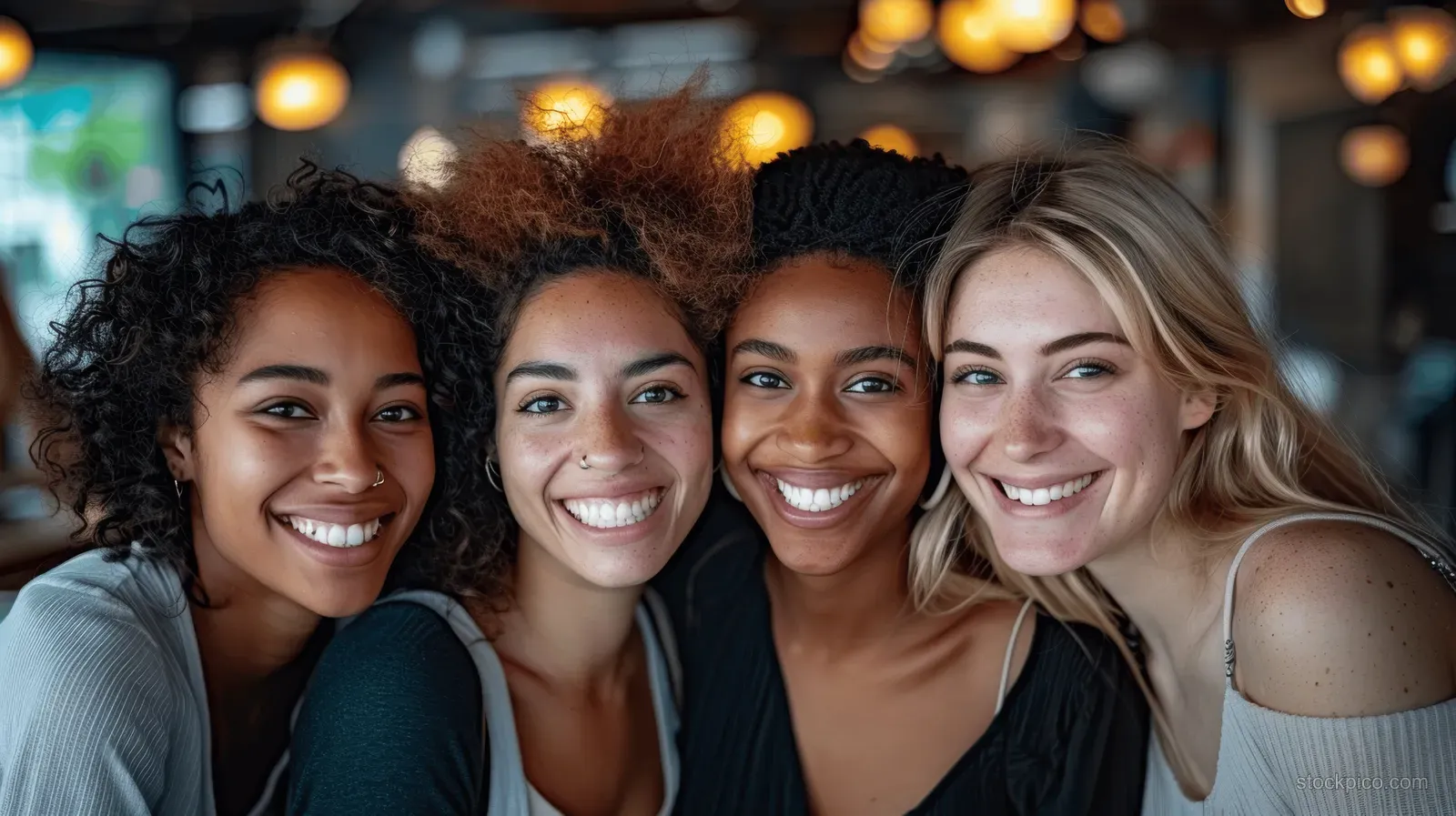 Four multiracial women teachers smile closely together in a warmly lit classroom with blurred lights behind them.