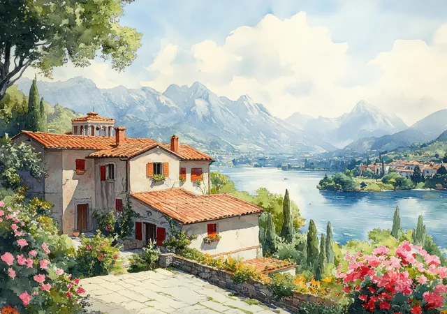 Watercolor Mediterranean Lakeside Villa Landscape with Red Rooftops and Mountains
