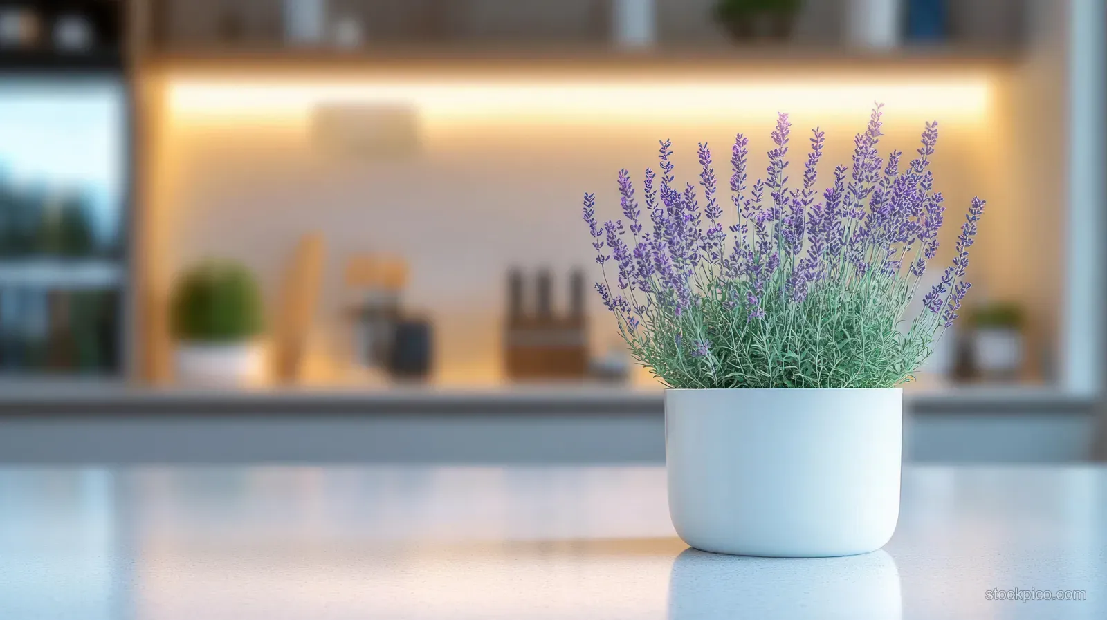 Lavender plant in a white pot on a kitchen counter with softly blurred cupboards and warm light behind.