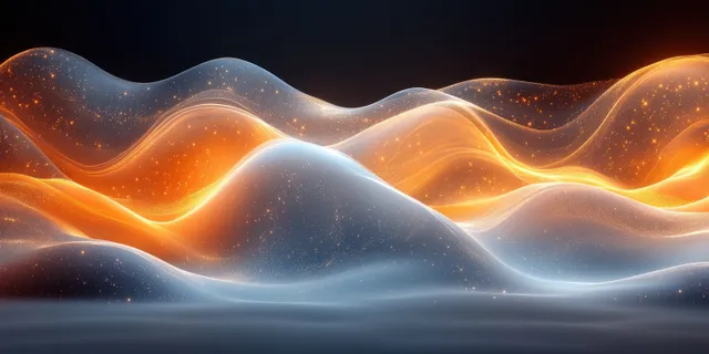 Glowing gold wavy light lines ripple above a dark misty horizon with soft luminous highlights.