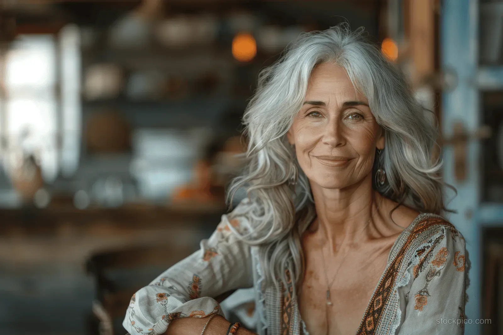 An older woman with long gray hair smiles in a warmly lit rustic room with a softly blurred background.