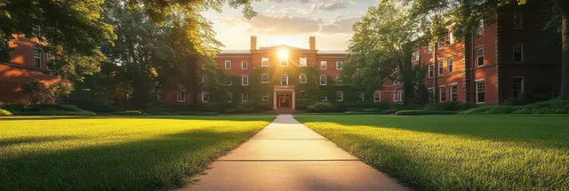 Sunlight beams through upper windows of an ivy-covered brick university building over a campus path and green lawns at golden hour.