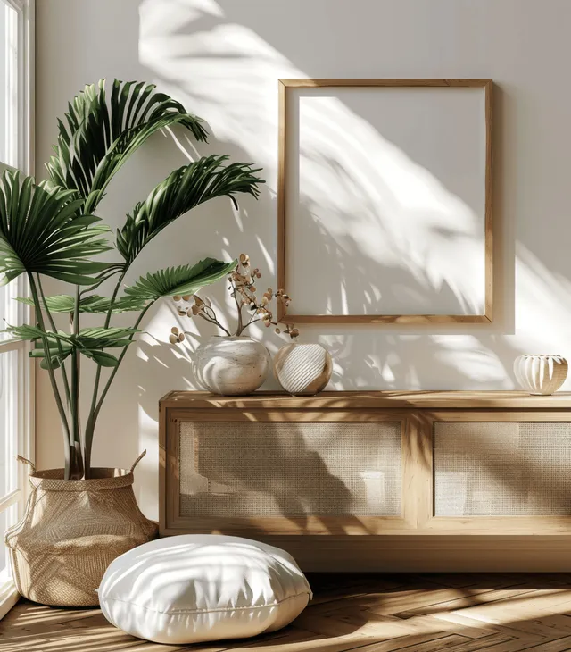 Sunlit bedroom interior with a wooden cabinet, blank framed artwork, tropical plant in a vase, and soft bedding.