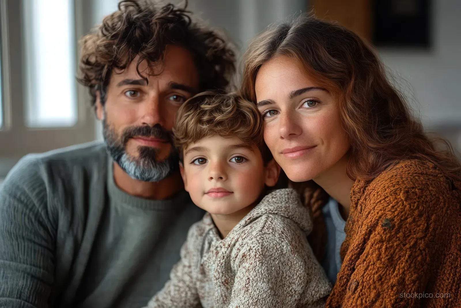 A father, mother, and young son smile closely together indoors in warm natural light.