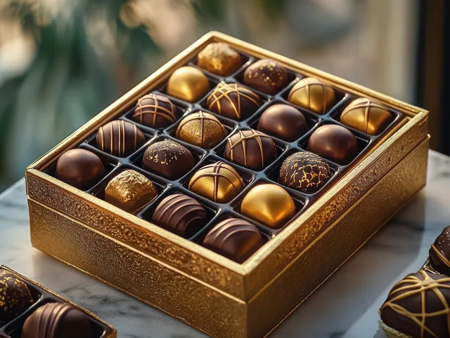 Assorted dark and gold chocolates arranged in a textured golden gift box with decorative dividers.