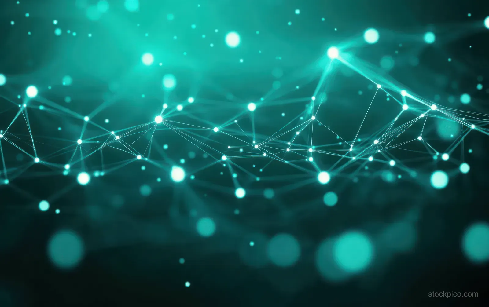 Glowing turquoise network nodes connected by light lines over a blurred bokeh data background.