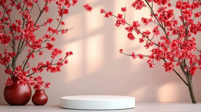 Vibrant red cherry blossom branches in rustic vases are arranged on a white circular platform against a soft pink wall.