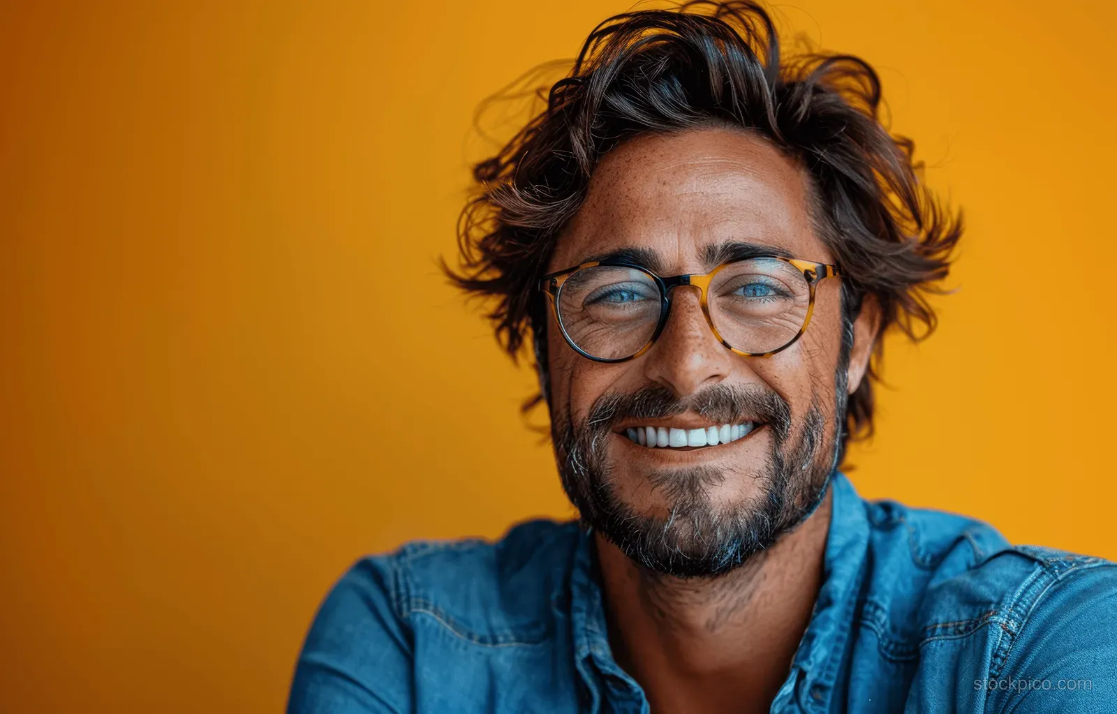 Smiling man with glasses in a blue shirt points toward empty copy space on a yellow background.