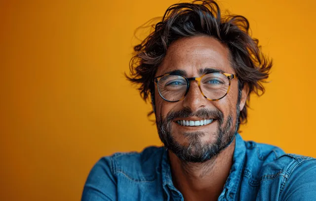 Smiling man in blue shirt with glasses pointing toward copy space on yellow studio background