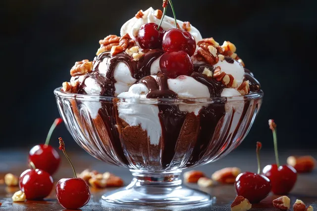 Vanilla ice cream in a glass bowl topped with chocolate syrup, cherries, and chopped nuts on a dark background.
