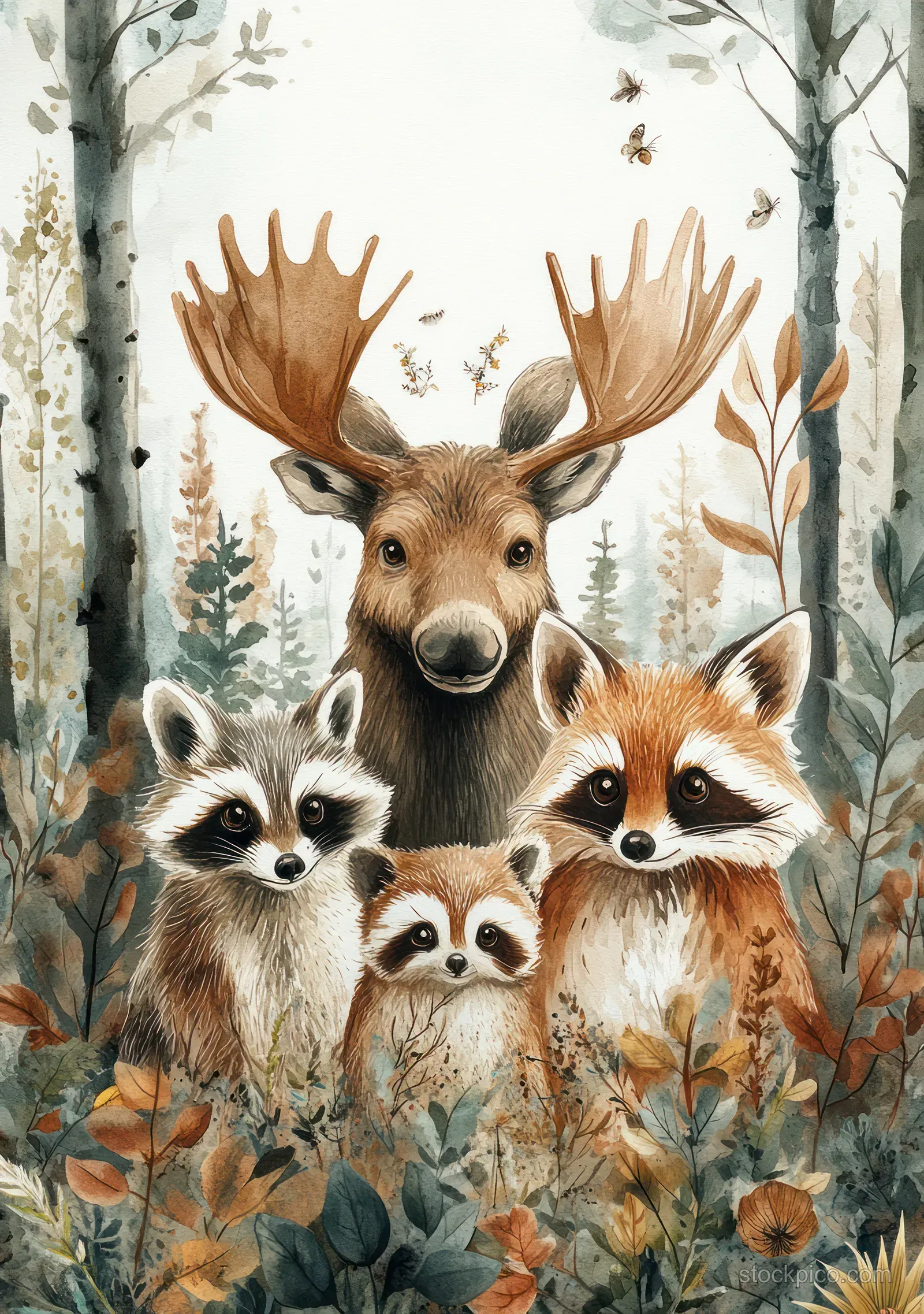 Watercolor woodland animals gather around a moose, fox, raccoon, and owl amid layered autumn leaves and branches.