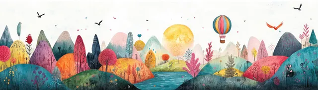 Watercolor hills and lake with a small house, hot air balloon, birds, and layered mountains under cloudy sky.