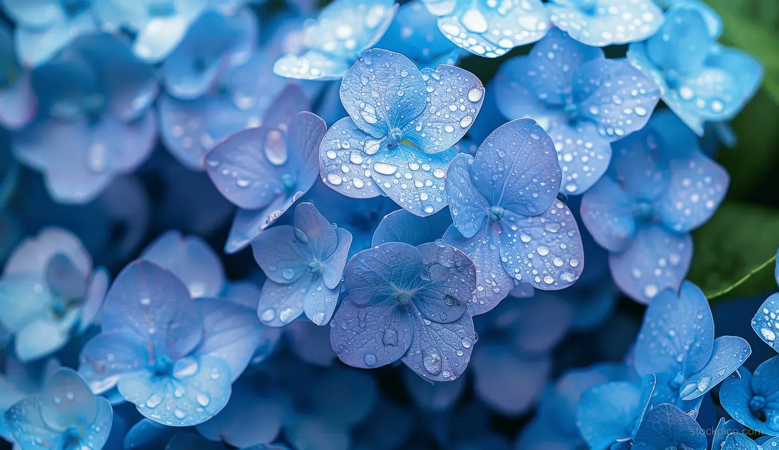 Blue hydrangea blossoms with purple petals sparkle with dew droplets against a softly blurred green garden background.