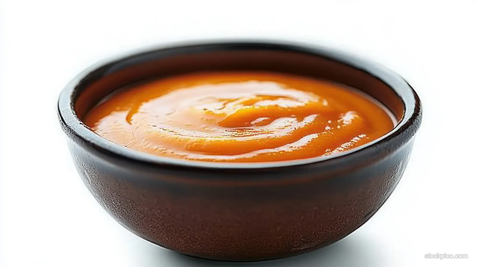 Glossy orange puree sits in a brown ceramic bowl against a white background.