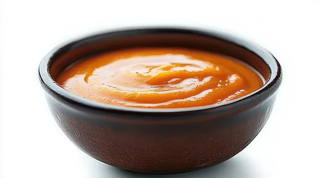 Glossy orange puree sits in a brown ceramic bowl against a white background.