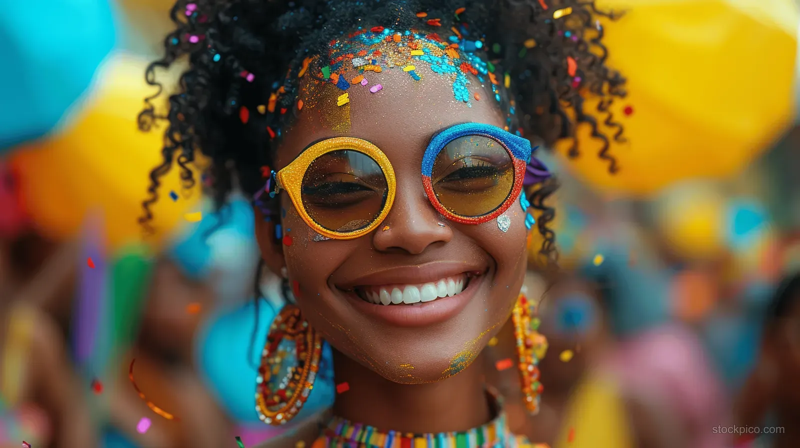 A smiling woman with vibrant glasses and confetti in the air at a festive outdoor celebration.