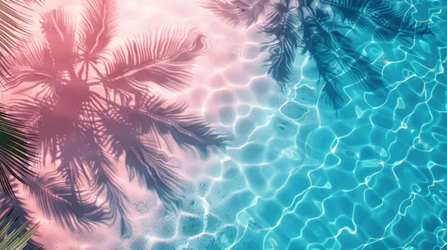Swimming pool water surface with palm leaf shadows creating blue turquoise ripple patterns