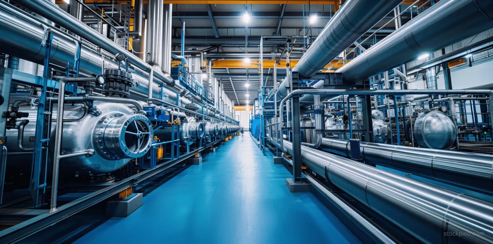 View down an industrial hydrogen plant corridor with blue stainless pipes, valves, and large storage tanks.