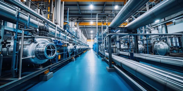 Hydrogen production facility corridor with stainless piping, large storage tanks, and valve details