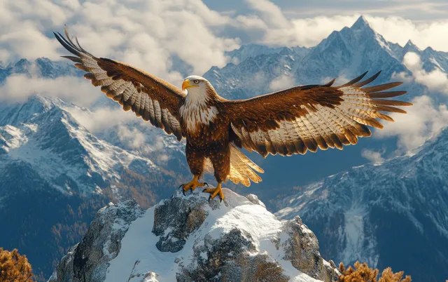 Griffin-like eagle spreading wings atop snowy peak, roaring into wind over mountain ranges