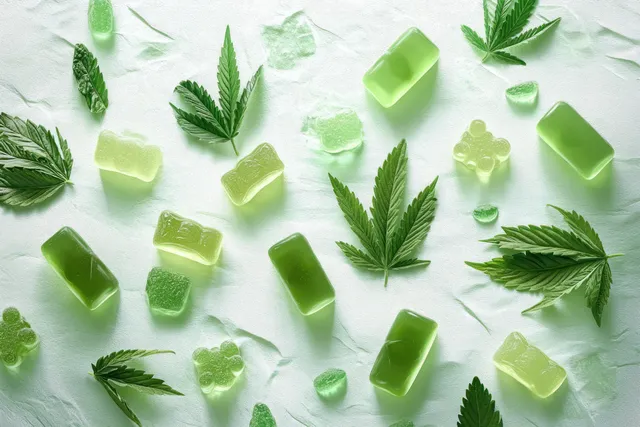 Scattered green cannabis leaves and translucent gummy candies in bright green tones on a light, textured background.