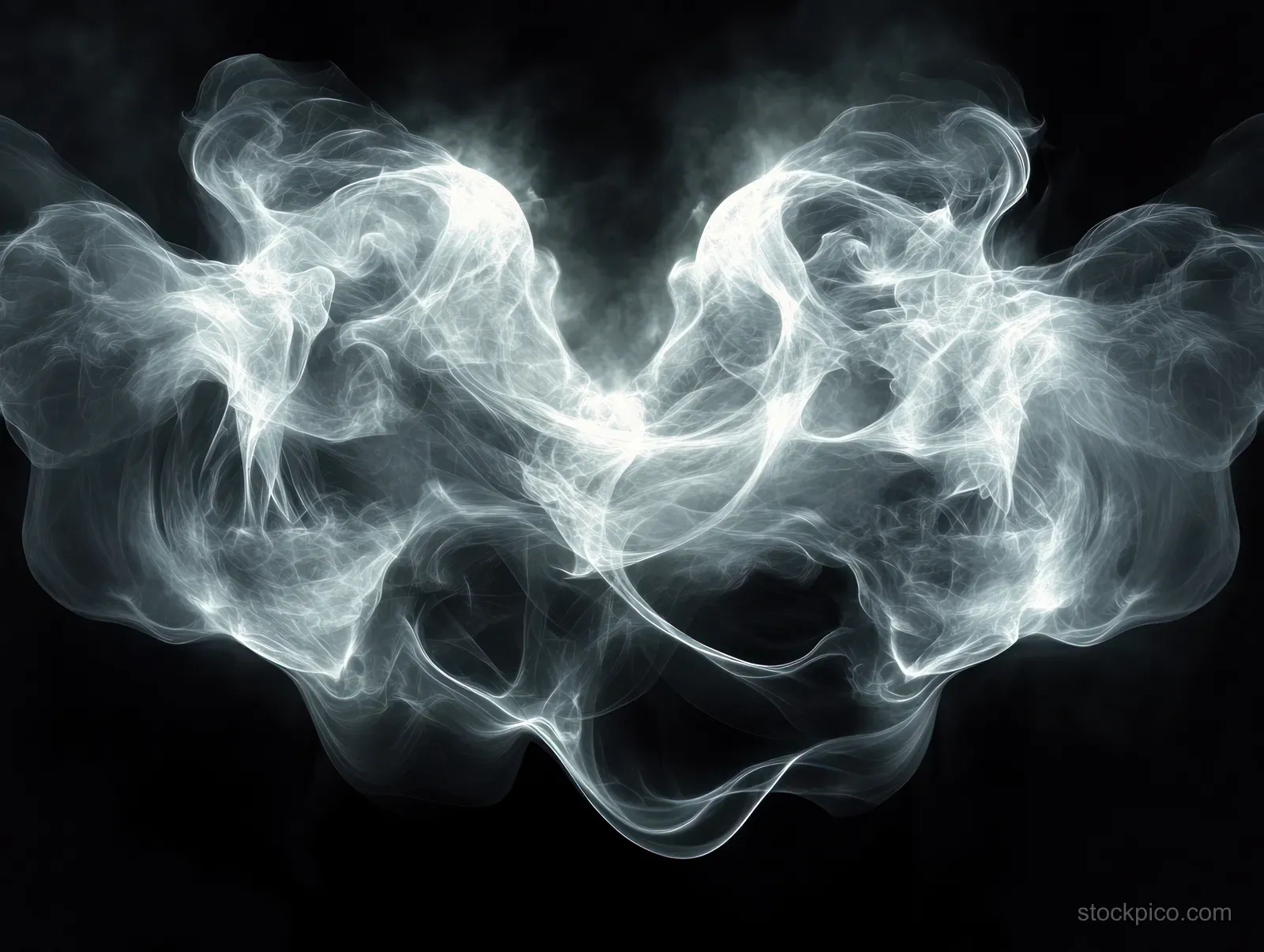 White smoke fractal ribbons curl into symmetric flame-like patterns over a black background.