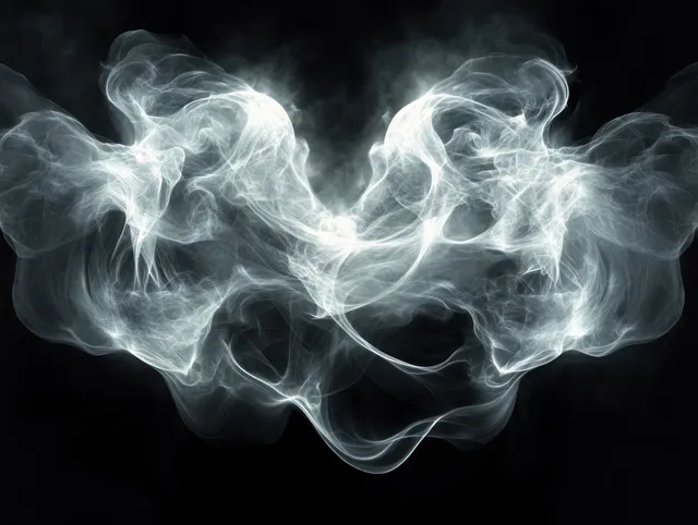 White fractal smoke and flames swirl across black void, forming glowing symmetrical wave patterns