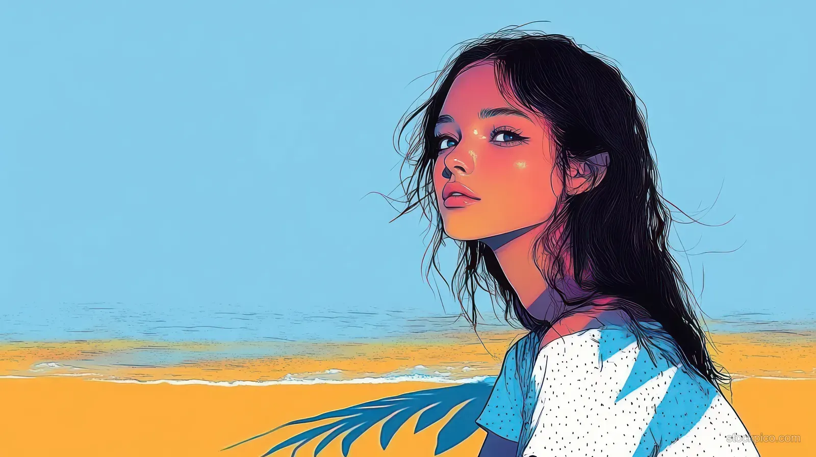 Illustration shows a young woman in profile on a beach with bright ocean waves under a clear blue sky.