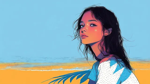 Young woman stands by the ocean, turning toward sunlight with colorful pop-art style