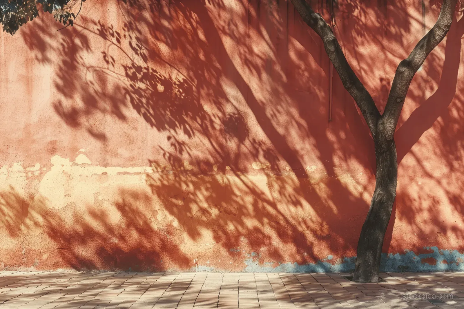 Terracotta wall with tree shadows beside a sunlit paved sidewalk.