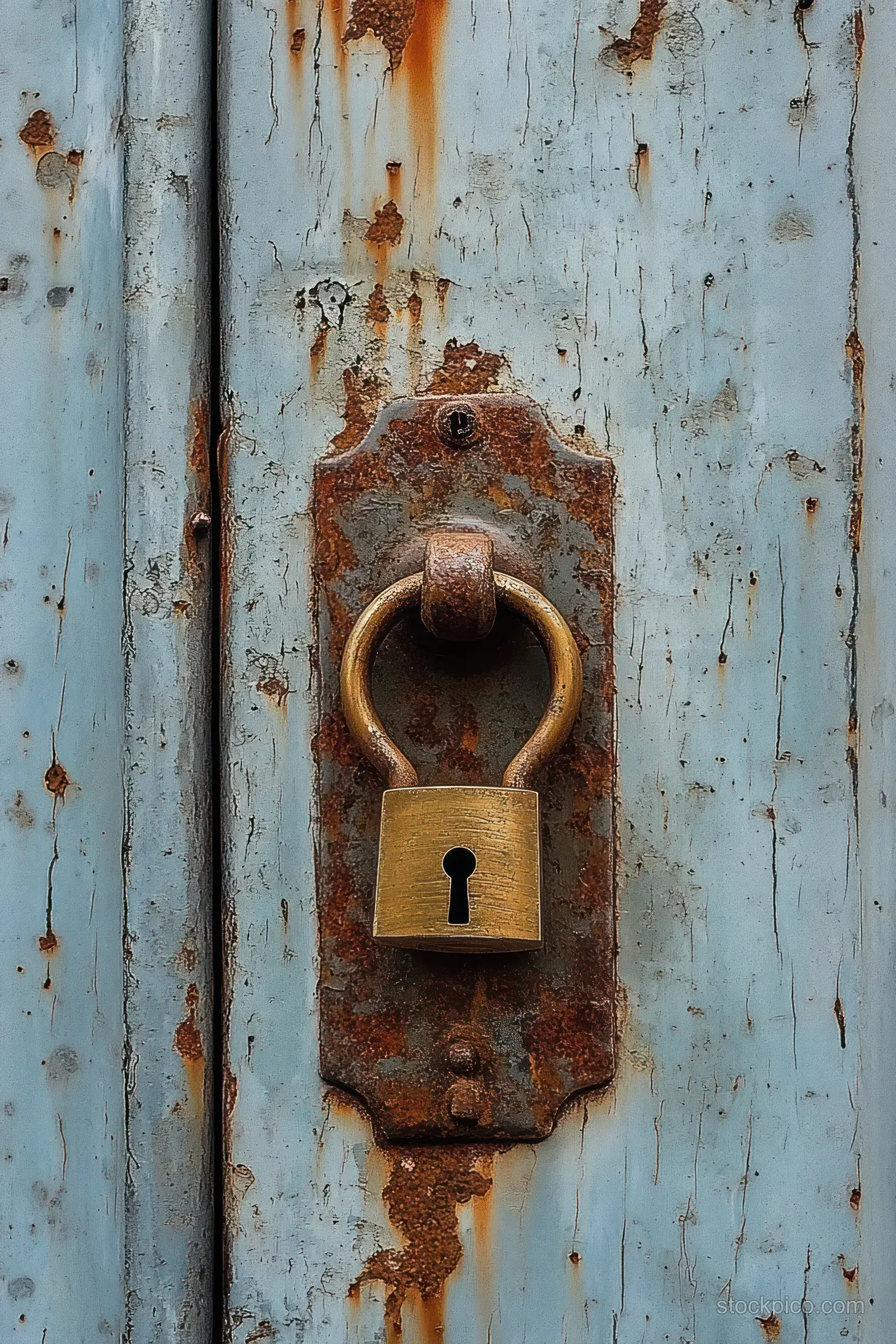 A rusty padlock is attached to a weathered blue metal door with flaking paint and visible corrosion.