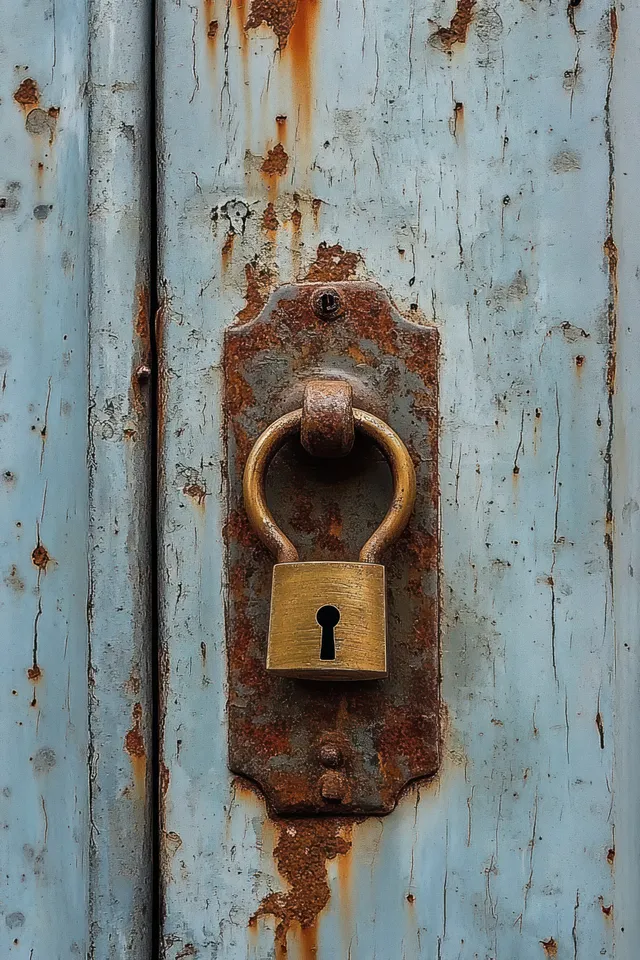 A rusty padlock is attached to a weathered blue metal door with flaking paint and visible corrosion.