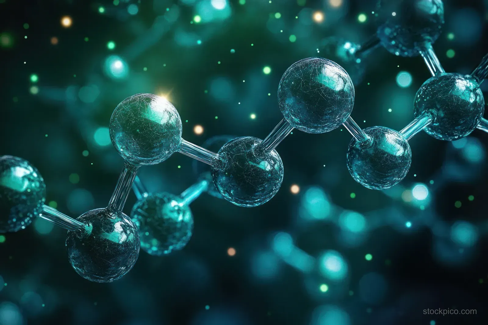 Glowing molecular spheres and rods connected together, floating in a teal-blue light field.
