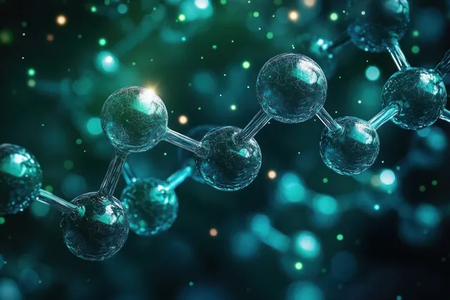Glowing molecular spheres and rods connected together, floating in a teal-blue light field.
