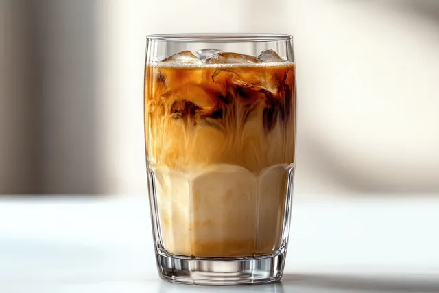 Glass of cold iced coffee with swirling milk layers and visible ice cubes on light surface