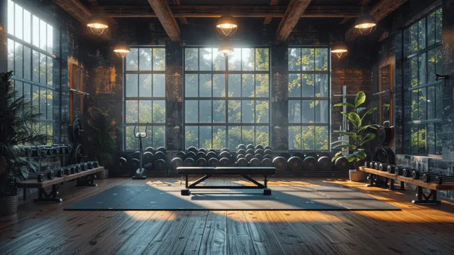 Modern gym interior with dumbbells and a bench press machine on a wooden floor under bright window light.
