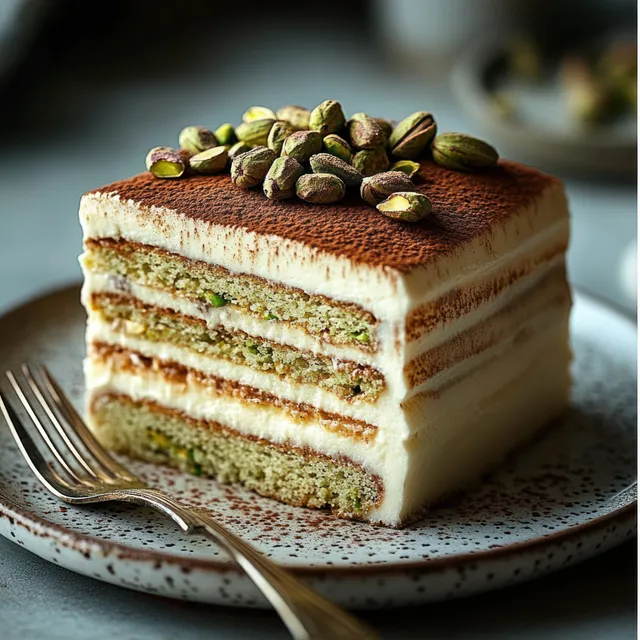 Close-up of a layered pistachio cake slice with cocoa powder, whole pistachios, and creamy frosting on a ceramic plate beside a fork.