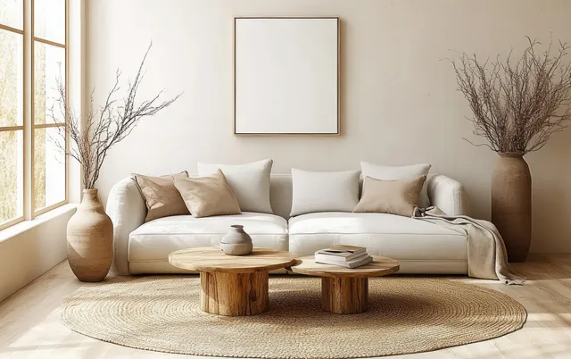 Minimalist Scandinavian living room with sofa cushions coffee table and dried branches by window