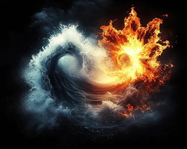 A dark background shows swirling water and mist mixing with a central fire flame and smoke vortex.