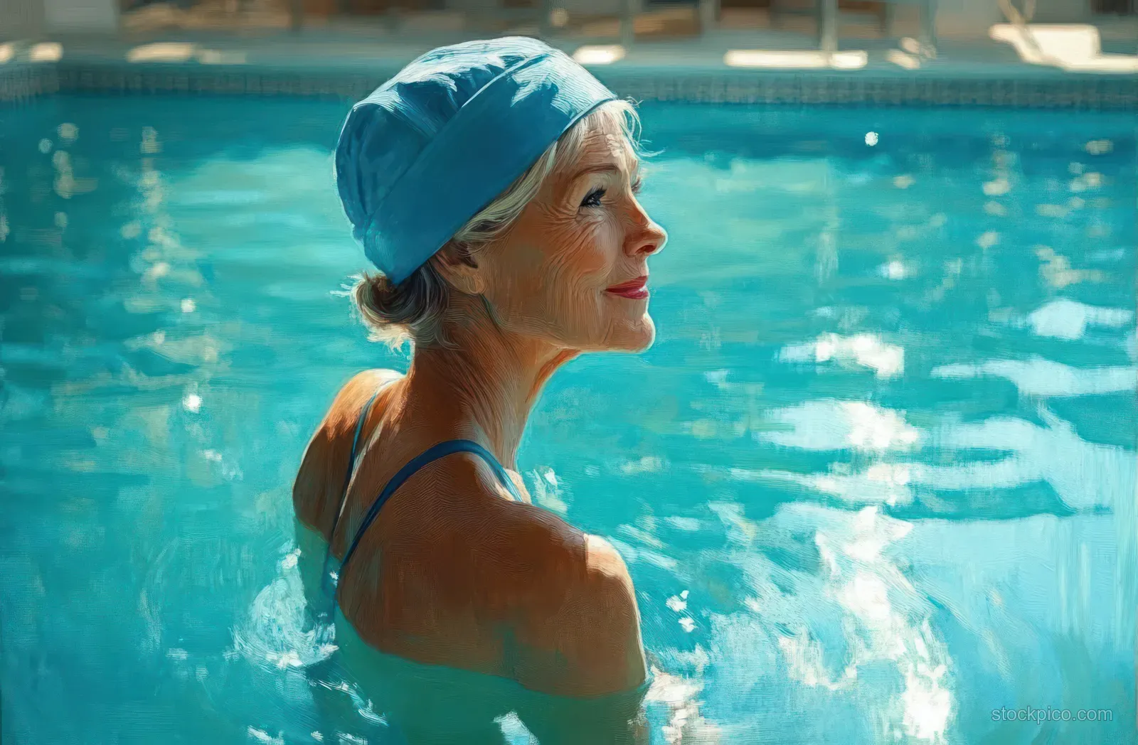 Elderly woman in a blue swim cap relaxing in a sunlit outdoor pool with bright water reflections.