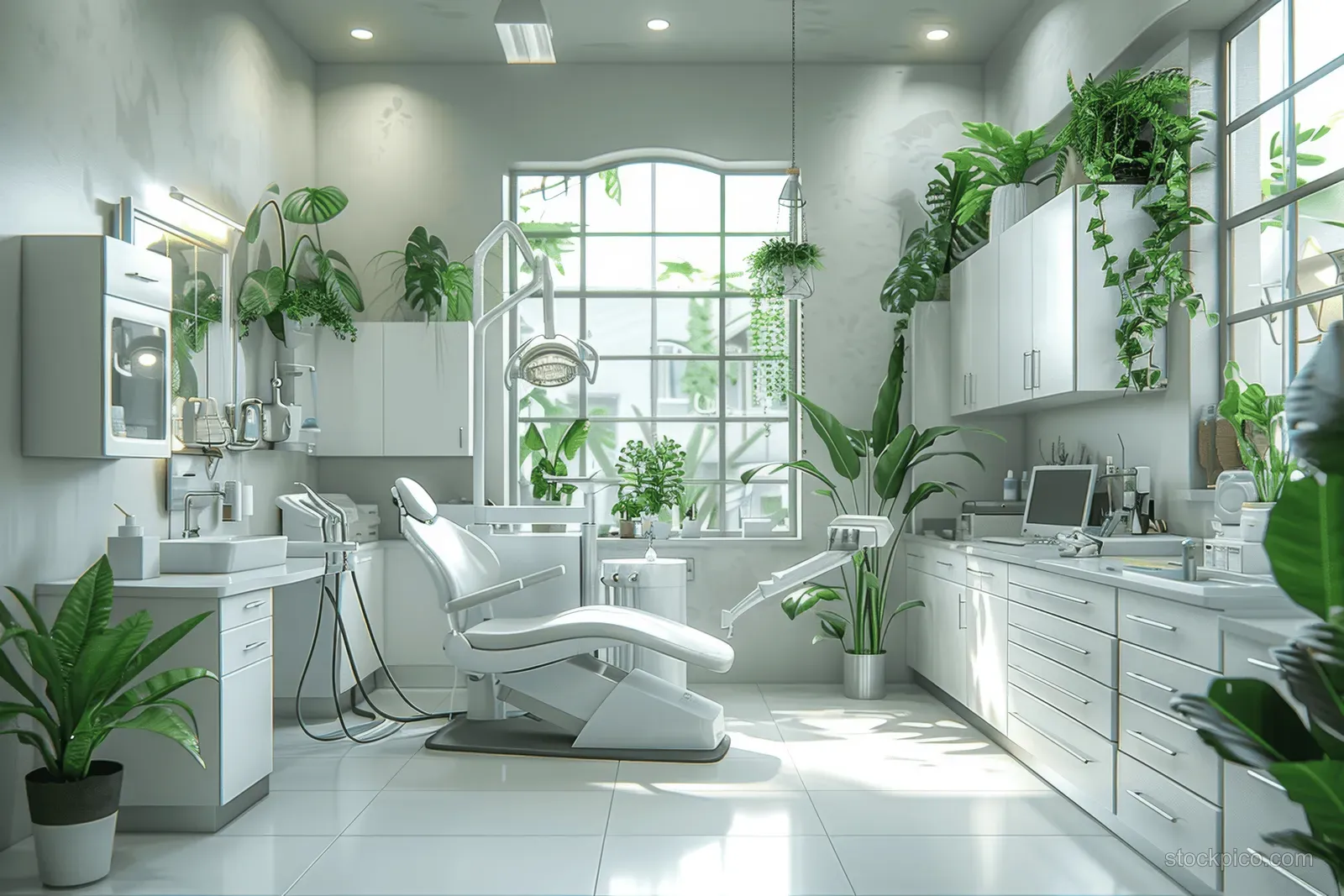 Empty dental treatment chair and white cabinetry in a sunlit clinic room with instruments and green plants.