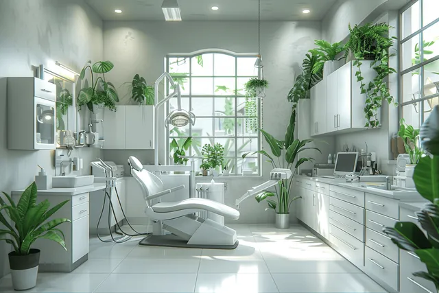 Empty dental treatment chair and white cabinetry in a sunlit clinic room with instruments and green plants.