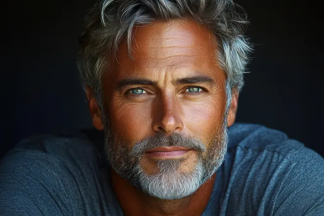 Confident mature man with salt-and-pepper beard against dark background