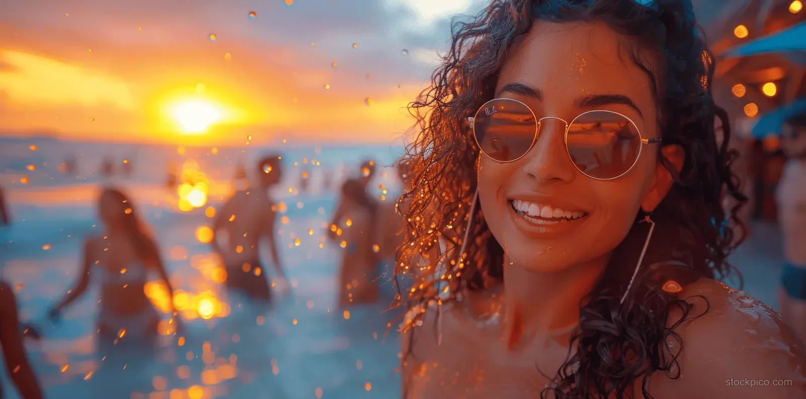 Smiling woman in sunglasses dances at a beach festival during sunset with confetti in the air and a crowd behind.