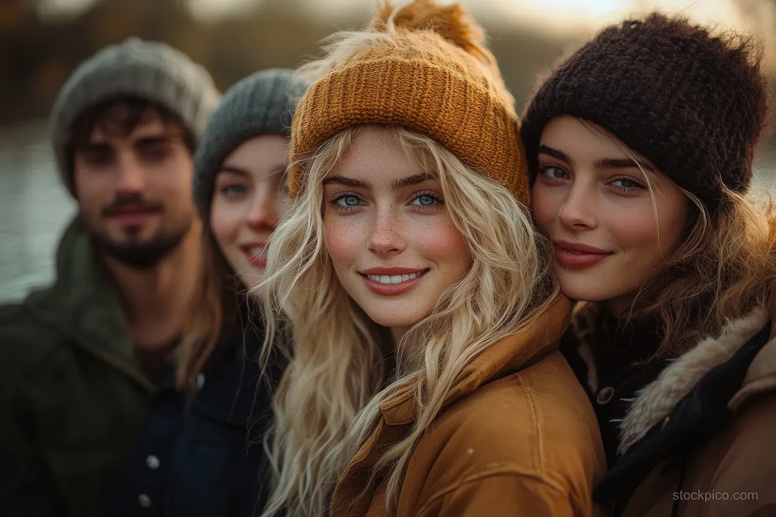 Friends in winter scarves sit by a river during autumn, smiling with soft bokeh in the background.