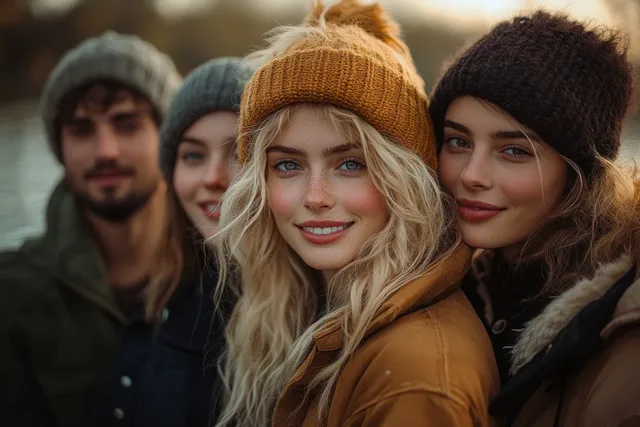 Friends in winter scarves sit by a river during autumn, smiling with soft bokeh in the background.