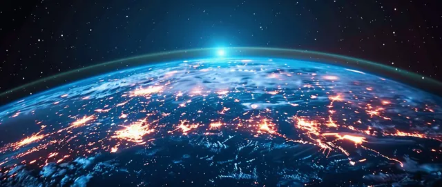 Artificial intelligence drives global data transfer shown on illuminated Earth network globe
