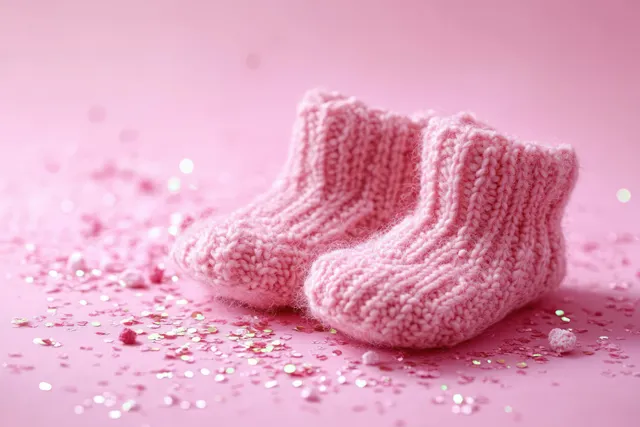 Pink knitted baby booties on a pastel glitter background with empty space for text.