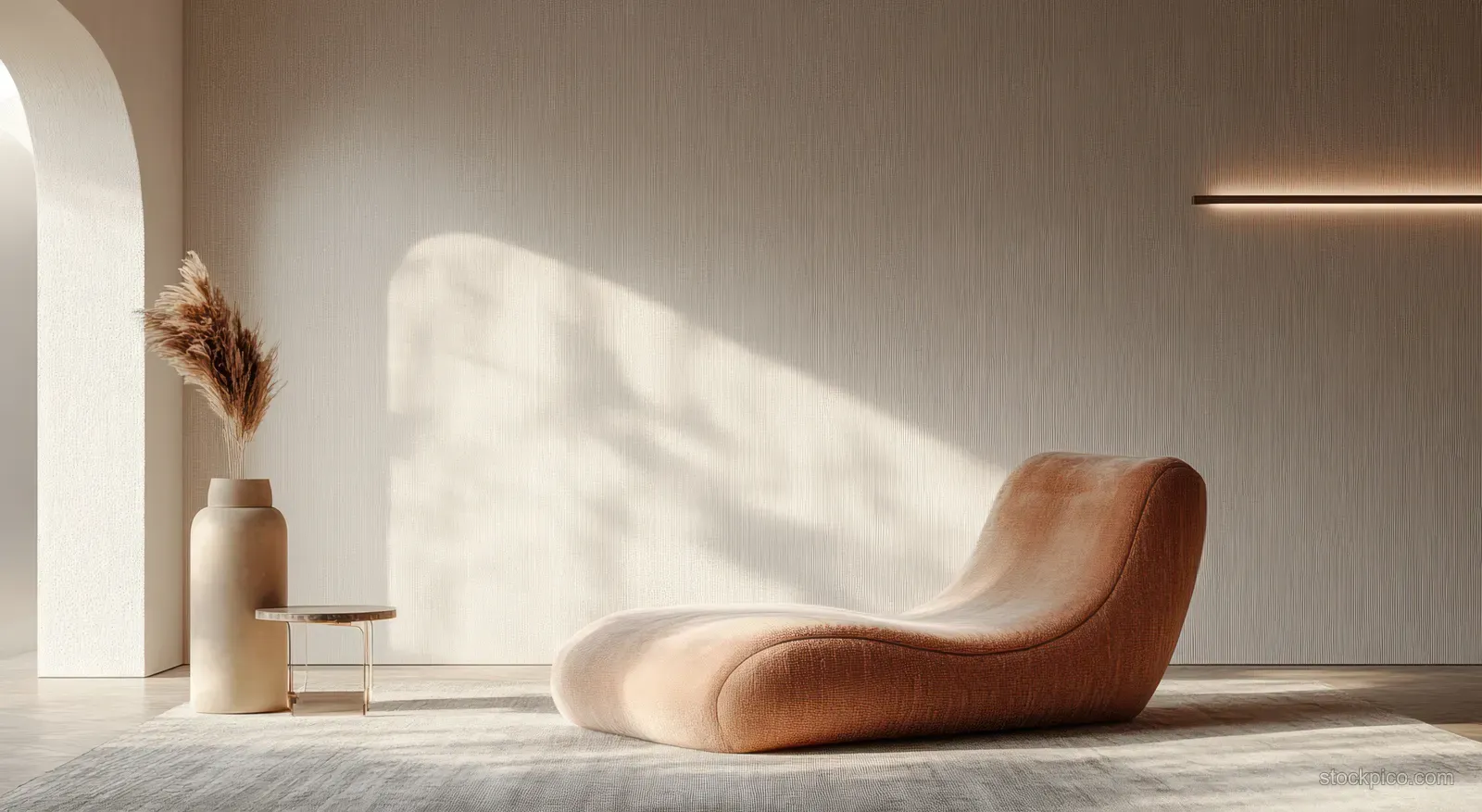 Beige lounge chair in a minimalist living room corner next to a small wooden side table and a vase of dried pampas grass.