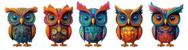 Five colorful ornamental owls with big expressive eyes stand side by side on a white background.